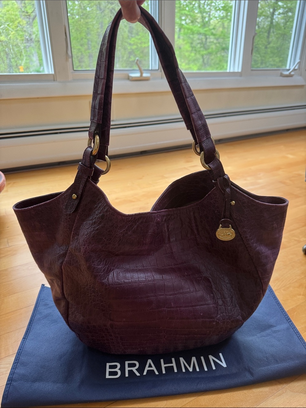 Brahmin Plum Croc-Embossed Leather Shoulder Tote. Soft, broken-in leather.